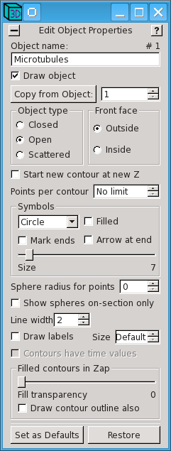 Object Edit window for open contours